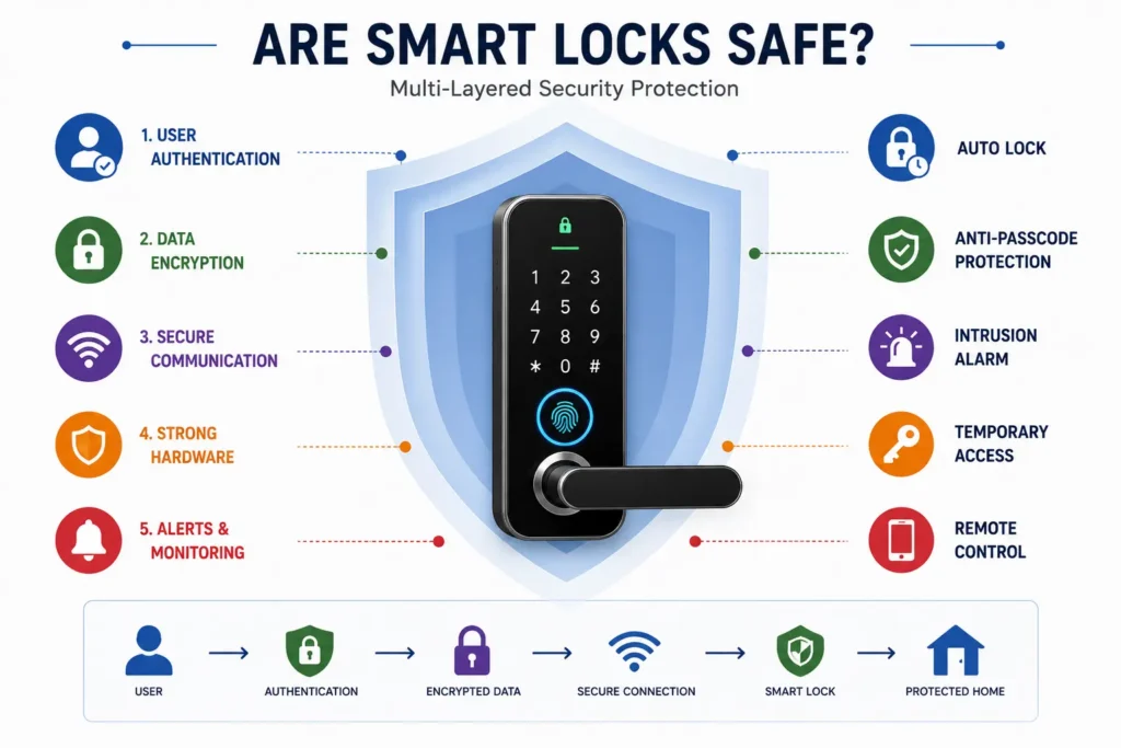 Layered smart lock security diagram showing authentication, encryption, secure communication, hardware and monitoring