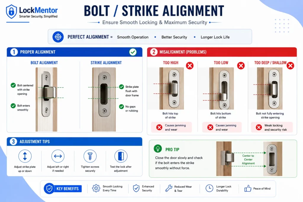Smart lock bolt and strike alignment showing proper alignment and common misalignment problems