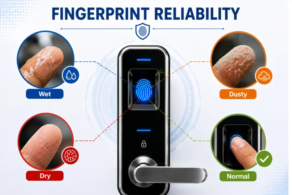 Fingerprint smart lock reliability in wet dusty and dry conditions