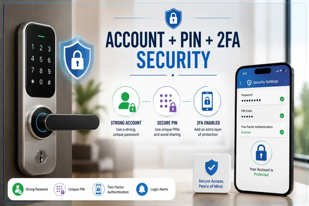 Smart lock account, PIN and 2FA security