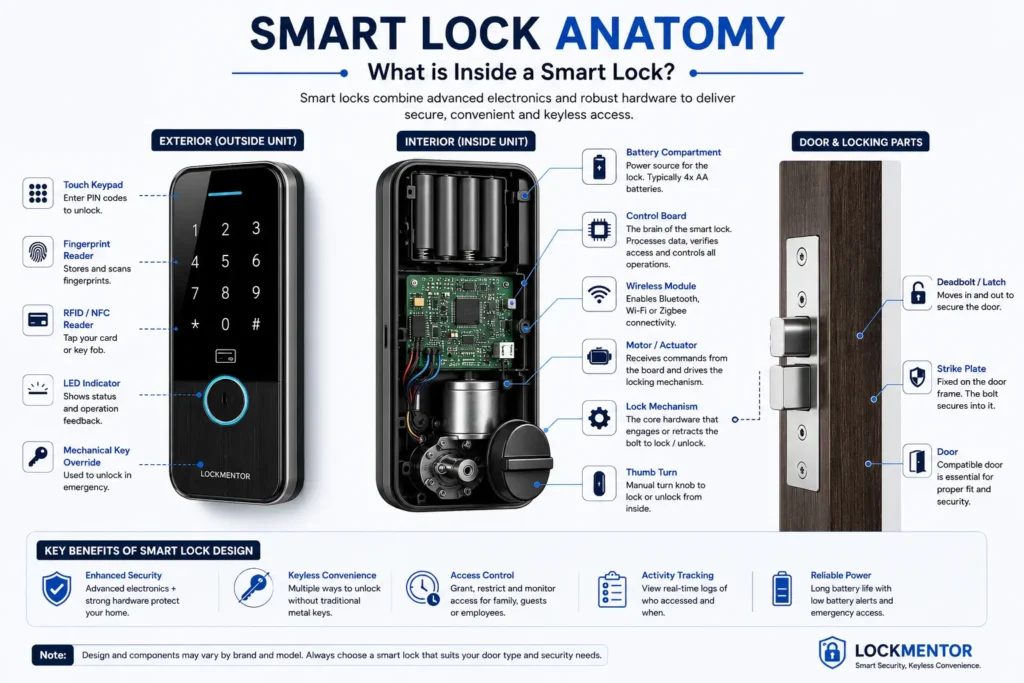 Smart lock anatomy showing keypad, fingerprint reader, battery, control board, motor, and lock mechanism