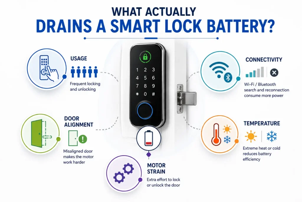 Common causes of smart lock battery drain including motor strain and connectivity