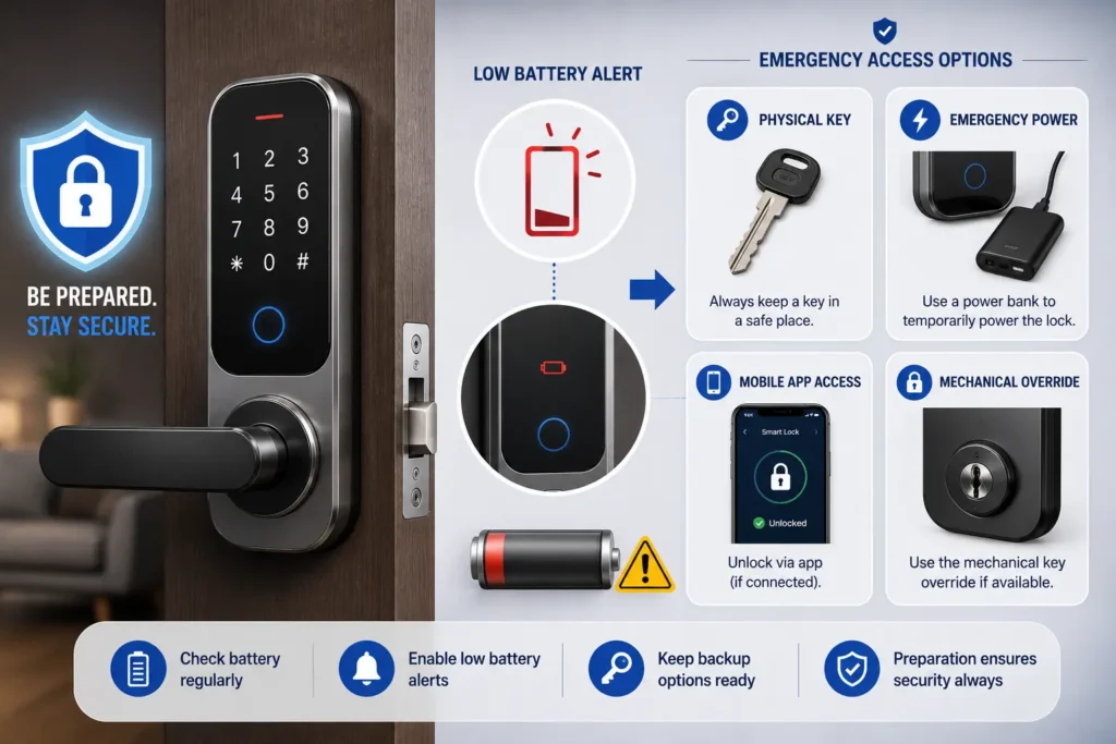 Smart lock battery and emergency access backup