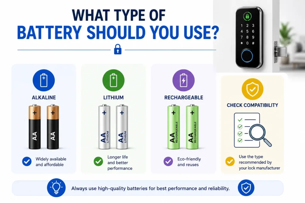 Smart lock battery types including alkaline lithium and rechargeable batteries