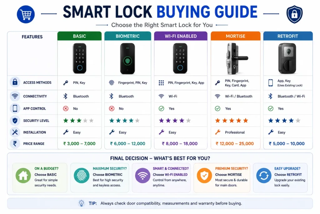Smart lock buying guide comparing biometric Wi-Fi mortise and retrofit smart locks