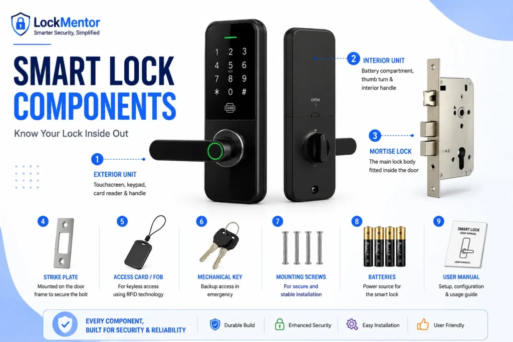 Smart lock components including exterior unit, interior unit, mortise lock, strike plate, mounting screws, batteries and mechanical key