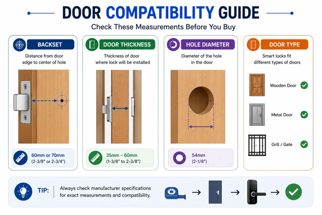 Smart lock door compatibility diagram showing backset, door thickness and hole diameter measurements