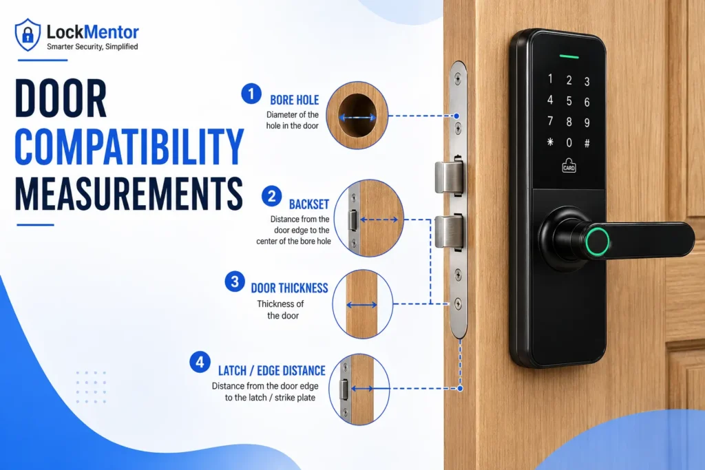 Smart lock door compatibility measurements for bore hole, backset, door thickness and latch distance