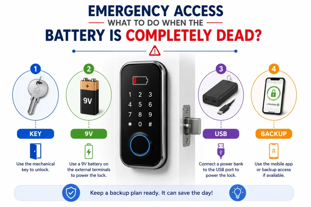 Smart lock emergency access methods for a dead battery