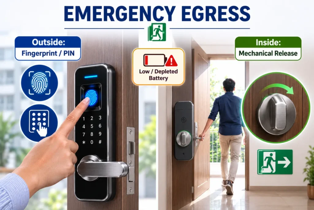 Smart lock emergency egress with fingerprint and PIN access