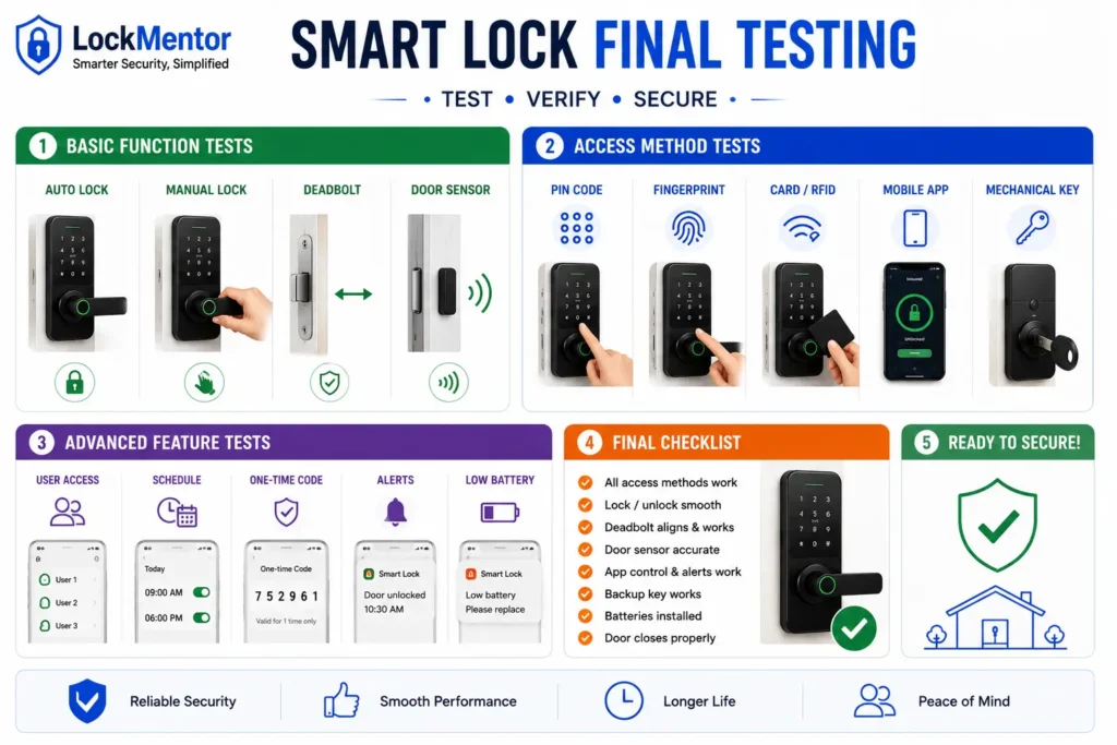 Smart lock final testing checklist showing access methods, locking functions, alerts and backup key testing