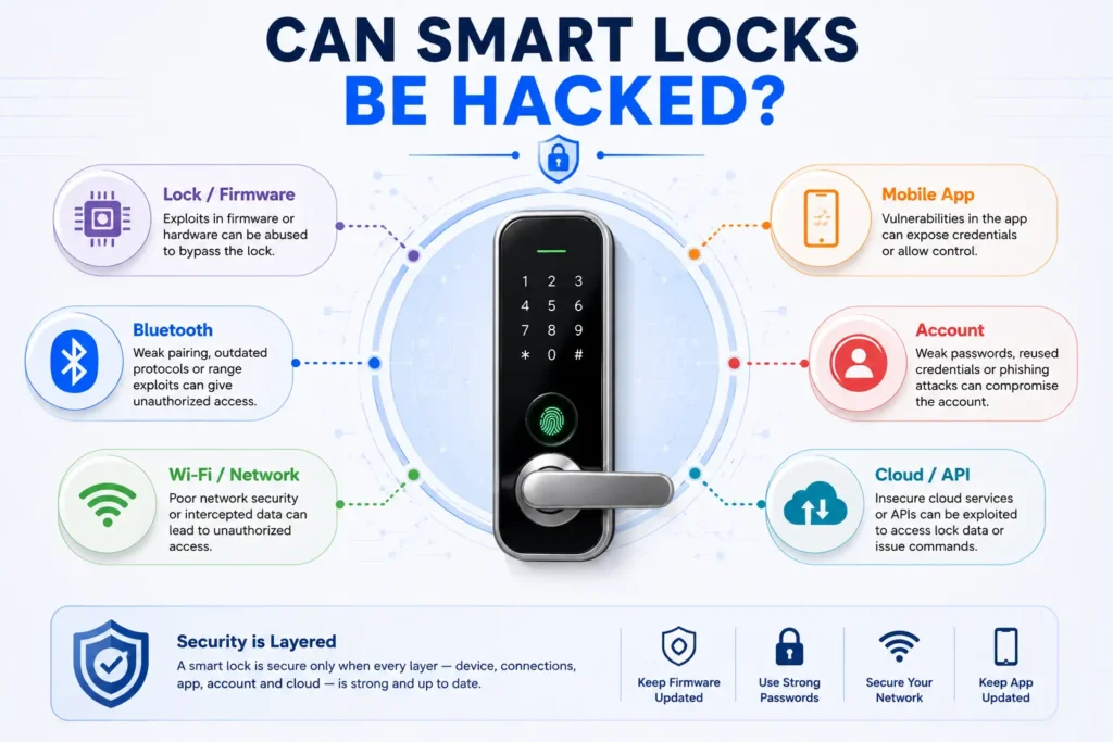 Smart lock hacking risks across device, Bluetooth, Wi-Fi, app and cloud