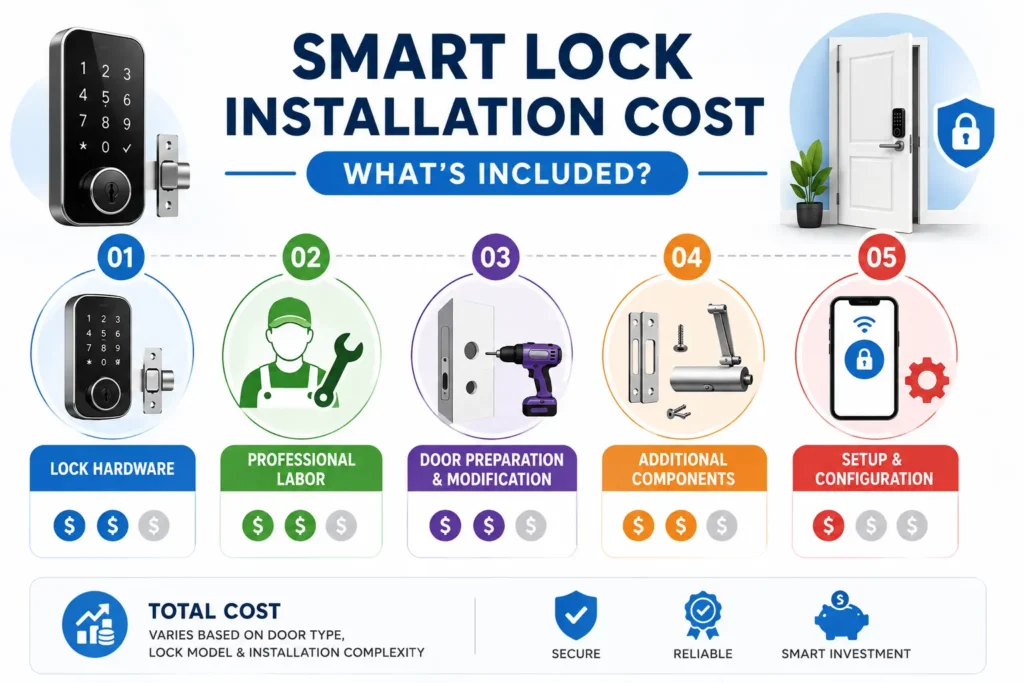 Smart lock installation cost breakdown showing hardware, labor, door modification and setup