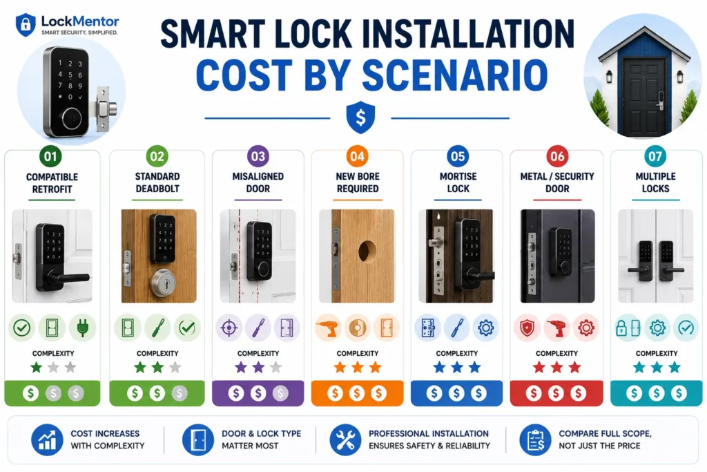 Smart lock installation cost by scenario for different door and lock types