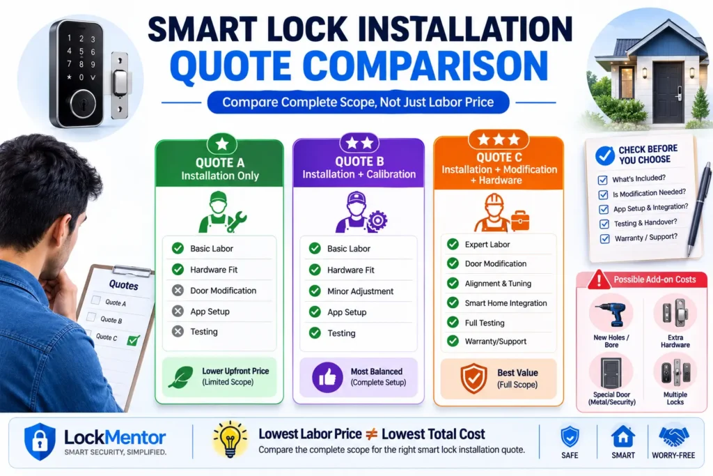 Smart lock installation quote comparison showing labor, hardware and additional services