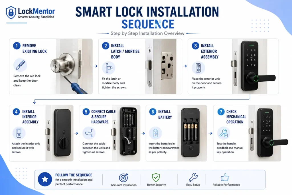Smart lock installation sequence showing seven steps from removing the existing lock to testing mechanical operation