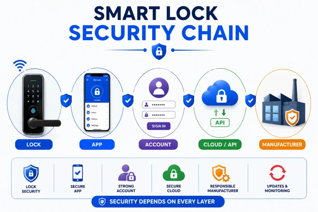 Smart lock security chain from lock and app to account cloud and manufacturer