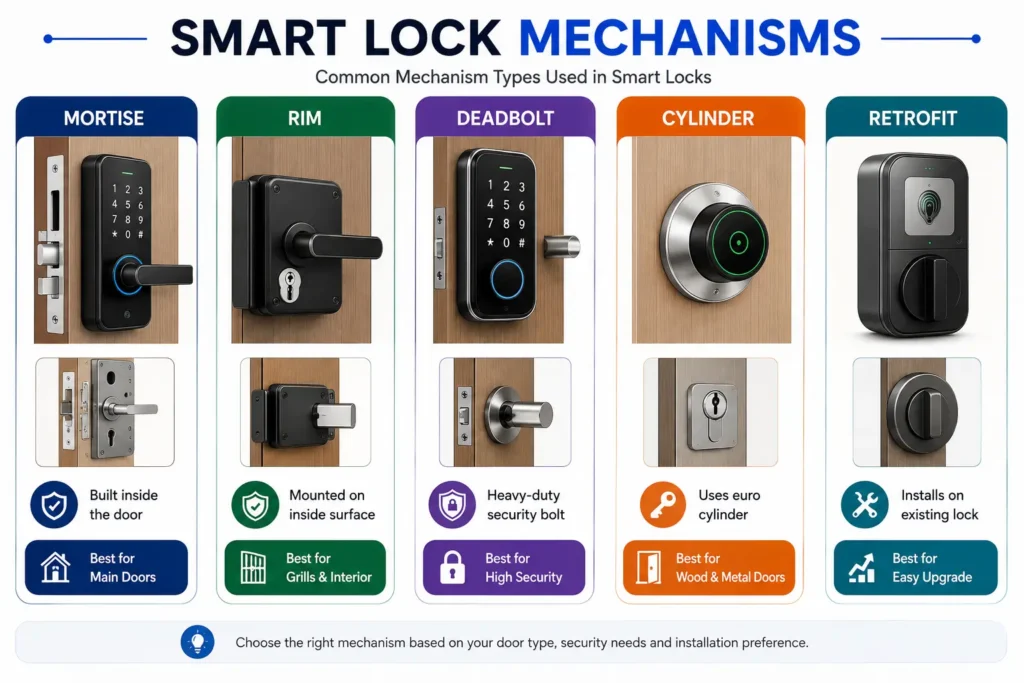Smart lock mechanisms including mortise, rim, deadbolt, cylinder and retrofit
