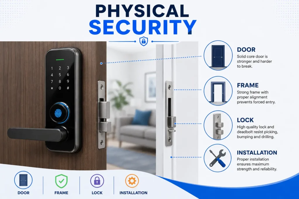 Smart lock physical security with door, frame and locking hardware