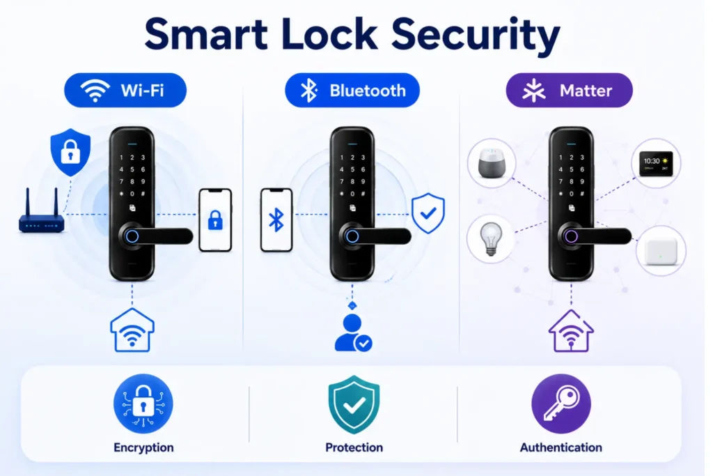 Smart lock security comparison of Wi-Fi Bluetooth and Matter