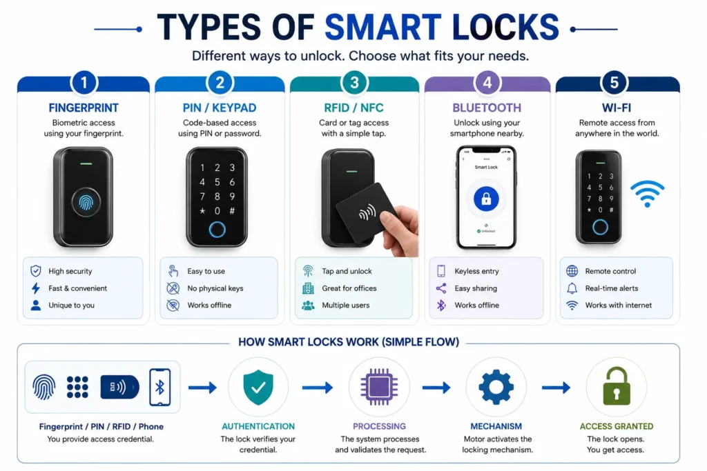 Types of smart locks including fingerprint, PIN keypad, RFID NFC, Bluetooth and Wi-Fi