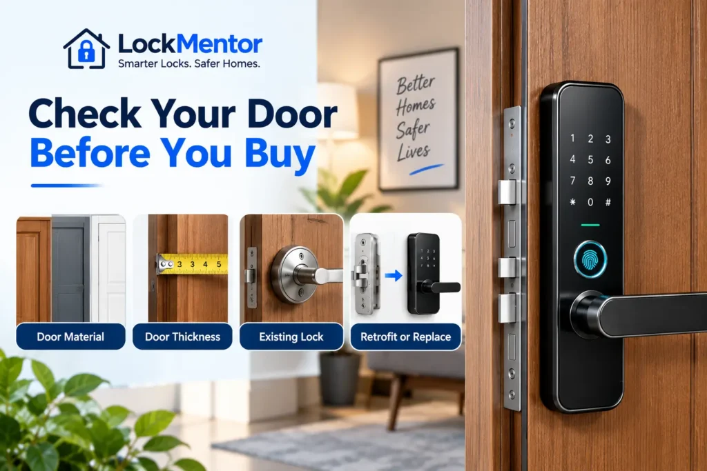 Smart door lock compatibility with different door materials, thicknesses and existing locks