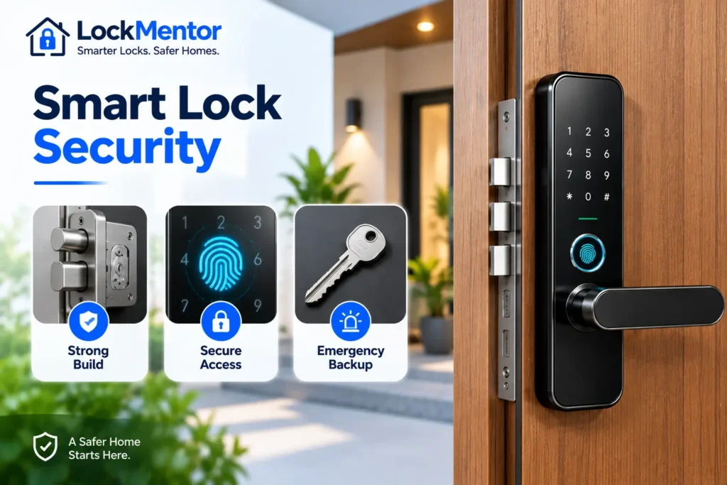 Smart door lock with keypad and fingerprint sensor on a secure home entrance