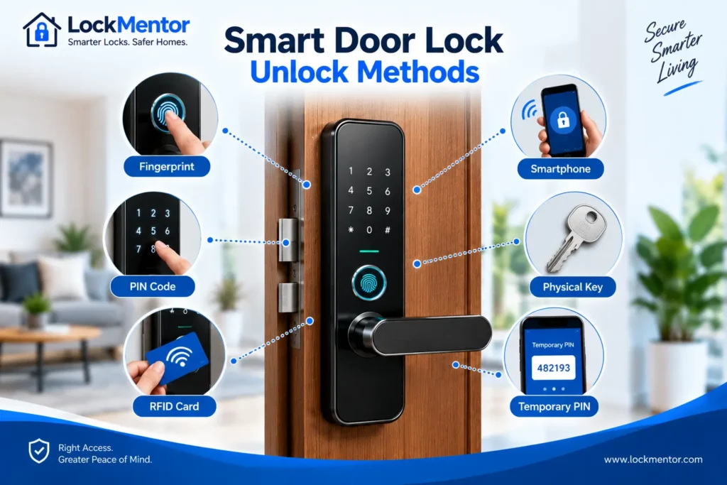 Smart door lock with fingerprint, PIN, RFID card, smartphone and key access methods
