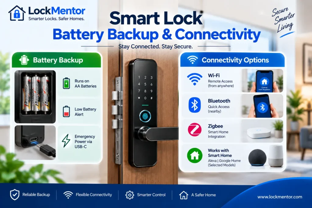 Smart door lock battery backup and wireless connectivity options