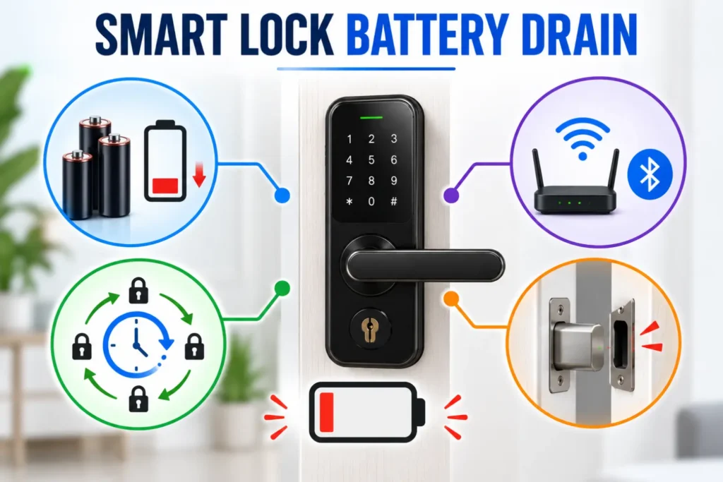 Smart lock battery drain troubleshooting showing common causes