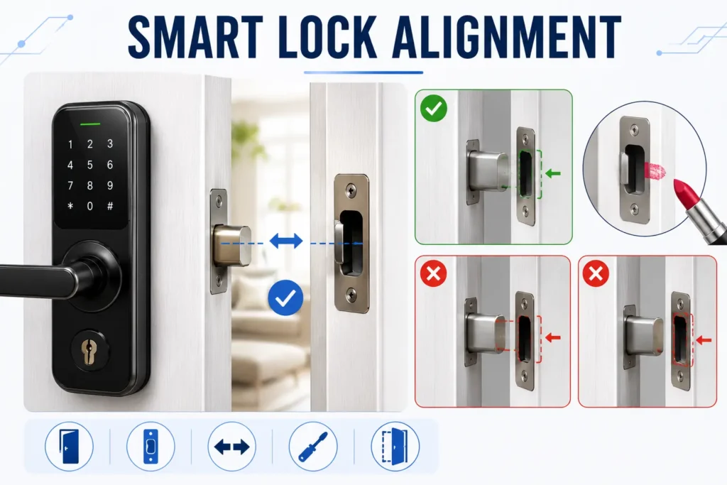 Smart lock bolt alignment troubleshooting with door and strike plate