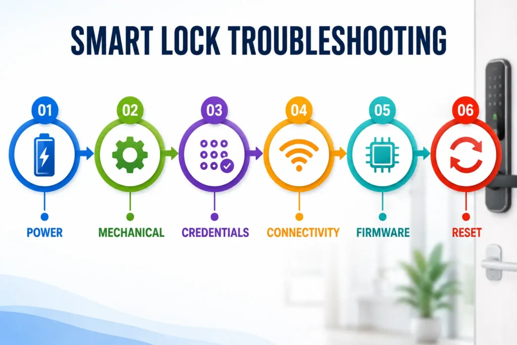 Smart lock troubleshooting diagnostic order from power to factory reset